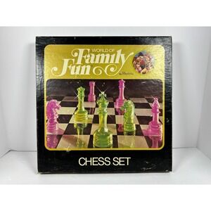 Vintage 1971 Hasbro World of Family Fun Chess Set Neon Green Yellow Pieces 1900
